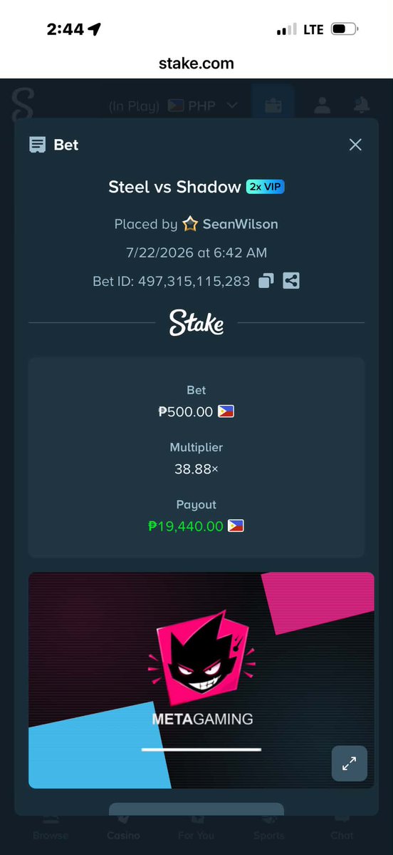 Cryptiqueee's tweet photo. @Stake Steel vs Shadow by @metagamingslots 

Hope they double my win. 🙏 https://t.co/2ONWJ7qtms