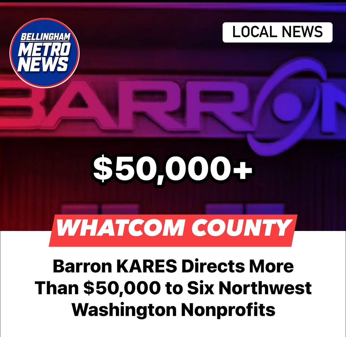 Bellingham_News's tweet photo. Barron KARES Directs More Than $50,000 to Six Northwest Washington Nonprofits

Six nonprofit organizations serving communities across Northwest Washington received a combined $50,380 through the Barron KARES program during the first half of 2026.

Barron Heating AC Electrical & Plumbing announced the total this week, saying the money was raised through donations tied to select customer purchases. The company contributes $110 from qualifying purchases to a different nonprofit organization each month.

The EMS Foundation of Whatcom County received $9,790 in January, followed by a $6,490 donation to Camp Korey in February. Be The One received $9,680 in March, Friends of the Family Resource Center received $7,480 in April, Hunger vs. Hunger received $7,810 in May and the Lynden Heritage Museum received $9,130 in June.

Together, the six monthly donations total $50,380. The recipients include organizations working in emergency medical services, youth mentorship, family support, hunger relief, historical preservation and programs for children living with serious medical conditions.

Barron KARES stands for Kindness, Appreciation, Response, Empathy and Service. The company selects organizations that are supported by its employees or have a recognized presence in the communities it serves.

Brad Barron, the company’s chief executive officer, said the work performed by the six organizations benefits people throughout Northwest Washington and reflects values shared by Barron employees and the surrounding communities.

Barron operates from Ferndale and provides heating, cooling, electrical, plumbing, solar and indoor air-quality services across a territory extending from Blaine to Marysville, Oak Harbor to Concrete and the San Juan Islands.

Community members may recommend organizations for future Barron KARES donations by emailing them.