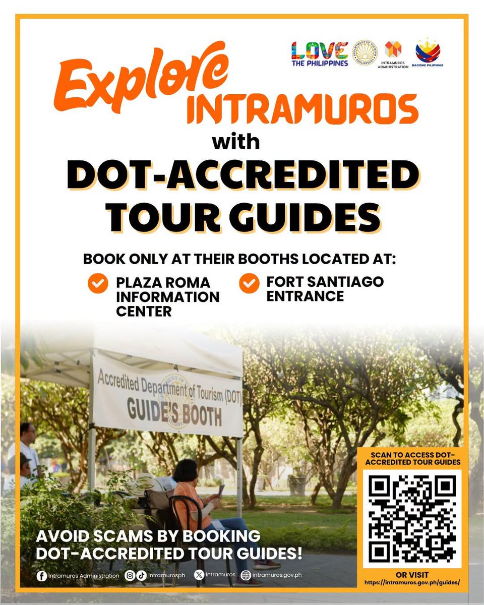Intramuros's tweet photo. Discover the stories behind the historic walls of Intramuros with the help of 𝐃𝐞𝐩𝐚𝐫𝐭𝐦𝐞𝐧𝐭 𝐨𝐟 𝐓𝐨𝐮𝐫𝐢𝐬𝐦–𝐀𝐜𝐜𝐫𝐞𝐝𝐢𝐭𝐞𝐝 𝐓𝐨𝐮𝐫 𝐆𝐮𝐢𝐝𝐞𝐬.

📍Booking is available through official booths located at Plaza Roma Information Center and Fort Santiago Entrance https://t.co/uMcOvaB6Zd