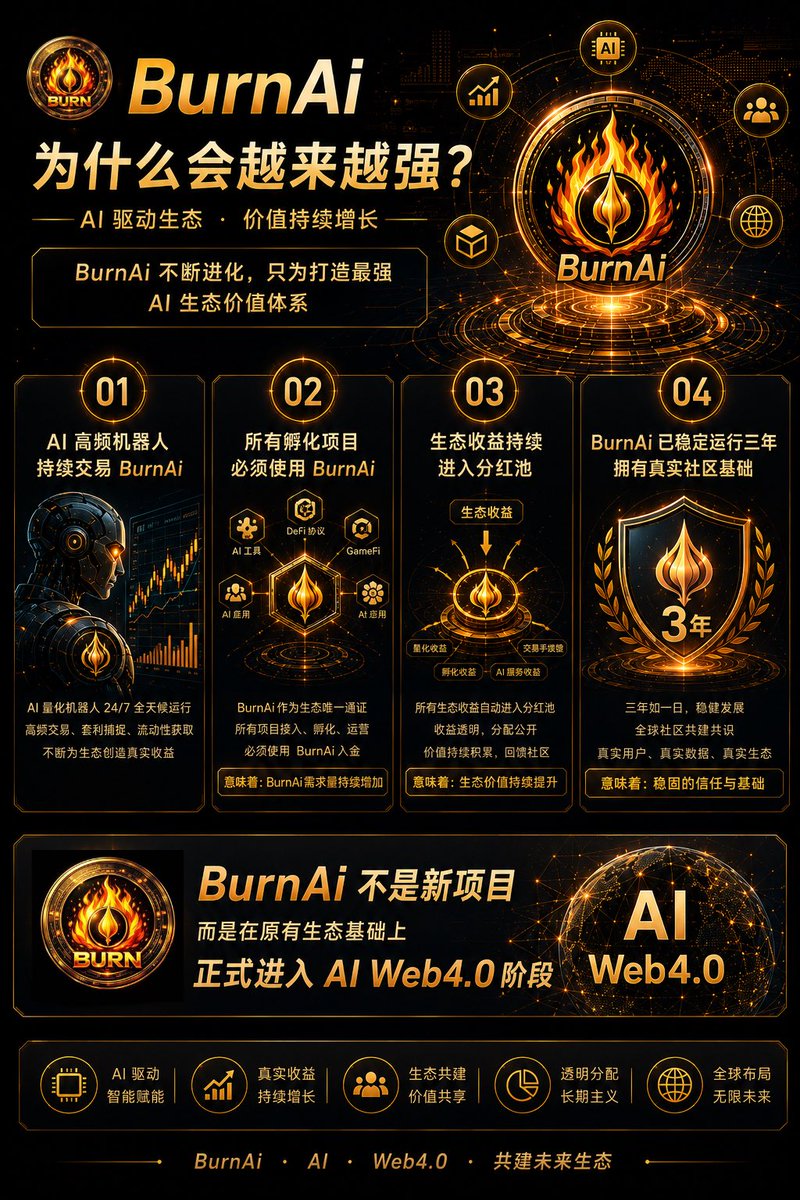 Burnedfi_CN's tweet photo. 生态的厚度，决定了它在市场波动中的抗压能力

BurnAi的每一步前进，都是对长期价值理念的忠实践行

生态的成熟，需要时间的沉淀与持续的耕耘共同完成

激励体系持续完善

生态贡献者结构不断优化

价值分配机制愈加合理

这些长期积累共同推动生态成长

通过激励机制吸引优质项目扎根生态

通过链上协作拓宽生态边界

各项举措协同推动生态繁荣

随着生态内容与应用的不断丰富，用户粘性也在持续提升

链上活动日趋活跃

生态数据稳步向好

整体价值捕获能力不断增强

这正是长期主义积累的复利效应

新的发展周期正在孕育之中，Burn的下一个高峰属于提前布局的生态

燃烧社区的长期建设，正是为这一时刻所做的最充分准备

厚积而薄发，这是Burn给出的最有力回答