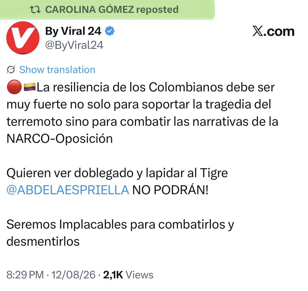 CarlosCarrilloA's tweet photo. Muy mal que en medio de semejante crisis la  vocera oficial del Gobierno de Colombia @carogomezsn, amplifique cuentas anónimas dedicadas a calumniar y promover mensajes de odio. ¿Esa era la idea de las vocerías? ¿Validar a los troles? https://t.co/R9jSy5prVV