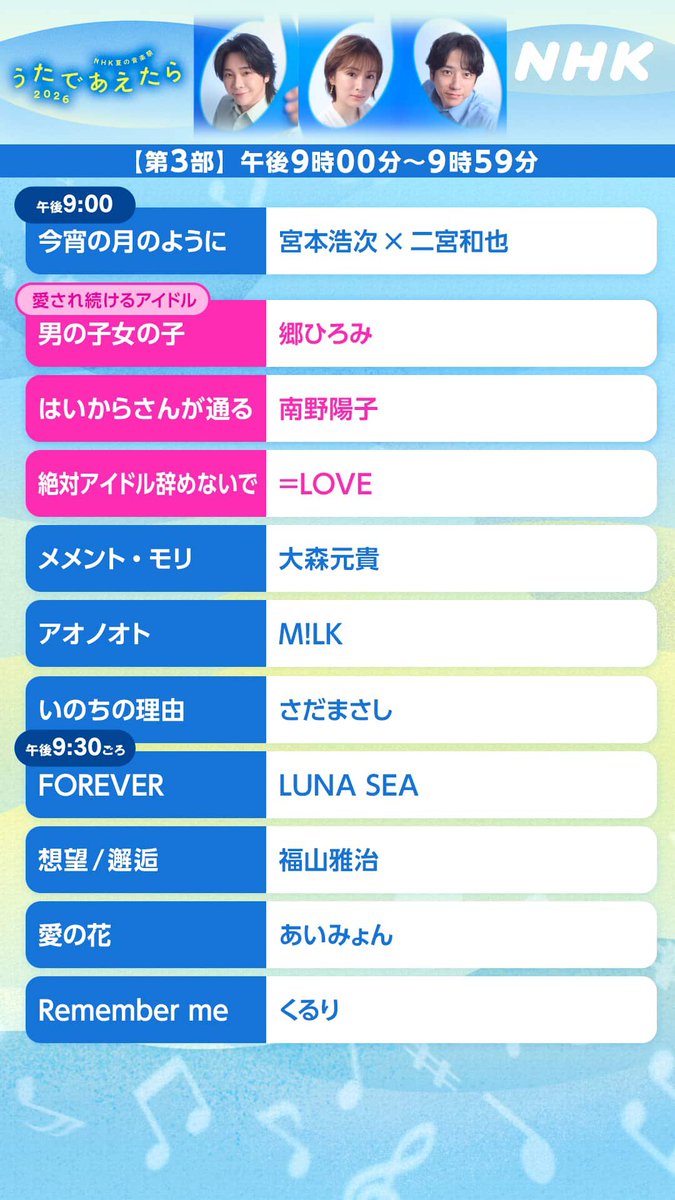 nyanyan_3150's tweet photo. M!LKは第2部と第3部で3曲披露🎶

第2部20:30~
好きすぎて滅！ 爆裂愛してる 

第3部 21:00~
アオノオト
 #MILK #うたであえたら https://t.co/mLWm1d2PXP