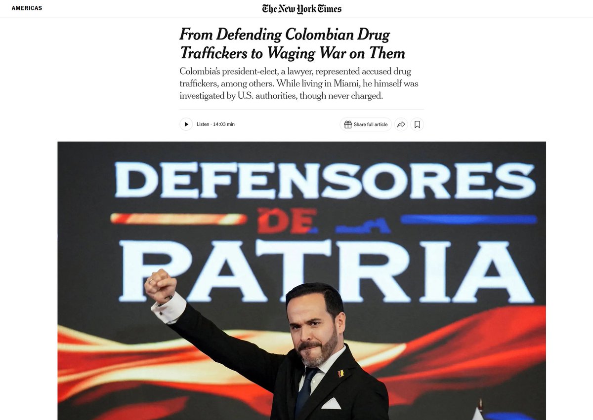 BenjaminNorton's tweet photo. Colombia's new far-right, drug cartel-linked US puppet president, Abelardo de la Espriella, has only been in power for 5 days, but he has already given the US and Israeli militaries permission to enter Colombian territory.

The cynical reason he gave for inviting US/Israeli intervention is supposedly to fight "drug cartels". This is deeply ironic, because when de la Espriella spent years living in Florida (he is a dual US citizen), he worked as a lawyer defending... drug traffickers. He is a best friend of narcos.

The situation is similar in Ecuador, which is now a dictatorship run by another far-right US citizen, Daniel Noboa, whose billionaire oligarch family is deeply involved in drug trafficking. Noboa, a literal narco-dictator, also allowed the US military to intervene in Ecuador, in the name of fighting "drug traffickers".

The US empire's closest allies in Latin America are the worst drug traffickers. But they claim they need the US military to intervene to fight "drug trafficking". It's a neocolonial farce.