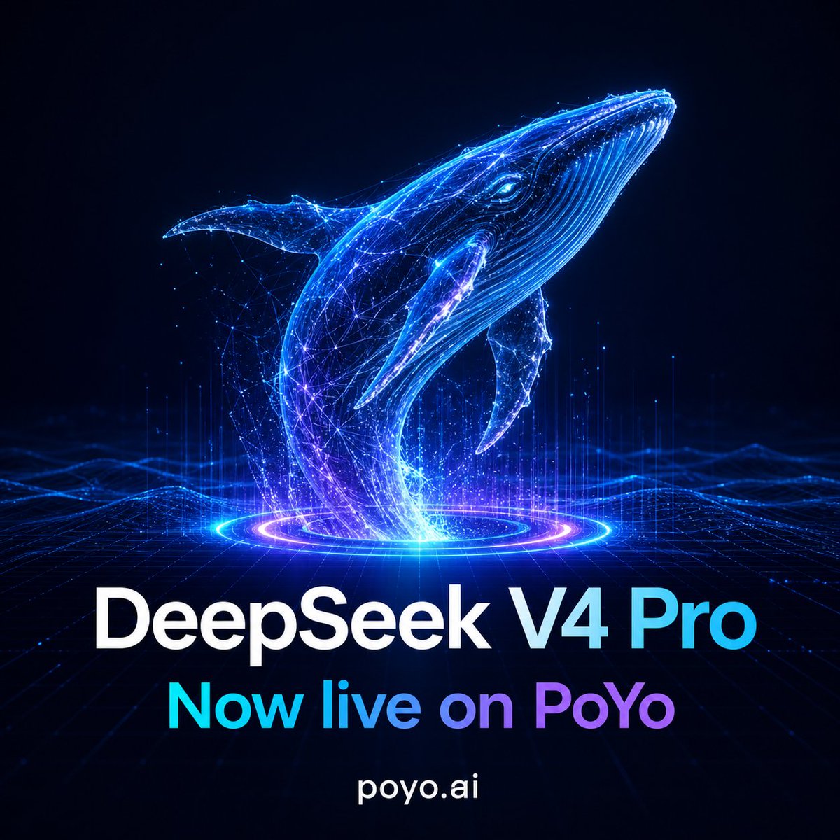 PoyoAPI's tweet photo. DeepSeek V4 Pro is now live on PoYo 🐋⚡

Build with the latest DeepSeek flagship model through one unified API—ready for reasoning, coding, and agent workflows.

Try it now: https://t.co/cApPN1rC6G

#DeepSeek #DeepSeekV4Pro #AI #LLM #PoYo https://t.co/o07K4fWP8T
