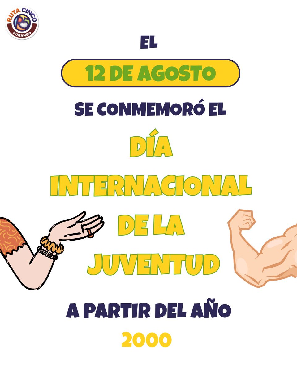 DurangoRuta5's tweet photo. 𝐂𝐎𝐍𝐎𝐂𝐄 𝐌𝐀́𝐒 𝐂𝐎𝐍 𝐑𝐔𝐓𝐀 𝟓🤚🏻

Ruta 5 se une a la conmemoración del  Día Internacional de la Juventud. Ya que reconocemos la importancia del crecimiento y desarrollo de los jóvenes.

#ruta5 #durango #jovenes #conocer https://t.co/TlD0zJKq0c