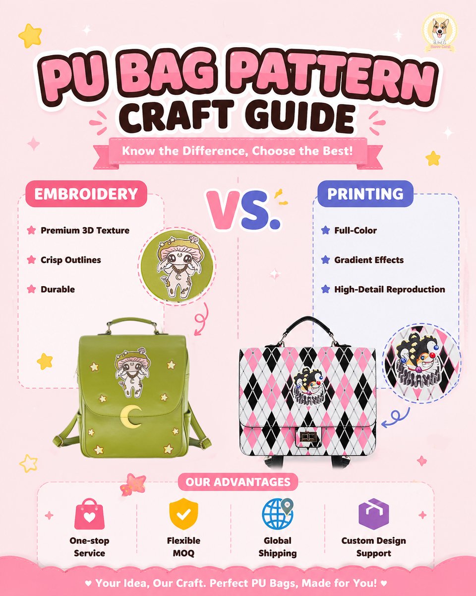 GaoPengToys's tweet photo. 👀 Uncertain which technique fits your custom PU‑bag artwork, embroidery or printing?

❗️Picking the wrong craft will impact texture, colour fidelity and the final‑product appearance.

🌟Our PU Bag Craft Guide breaks down four popular techniques:
Embroidery, Appliqué Patch‑Work, Digital Printing and UV‑Printing
Help you pick the ideal process for your IP design.

💙Supported by our in‑house production facility, we deliver full‑cycle custom‑bag service:
✓ ISO 9001, BSCI & Disney ILS‑audited Factory
✓ All‑in‑one packaging solution
✓ Worldwide shipping

Complete OEM & ODM service: Concept → Design → Mass‑Production

💬Got a bag concept or artwork ready?
Feel free to reach‑out when you hesitate over suitable craftsmanship.
Drop your design via comment or direct‑message,
and let’s build your exclusive custom PU merch together!❤️

#pubag #custombags #bagmanufacturer #bagdesign #custommerchandise #oembag #odmservice #ipmerchandise #gaopengtoy