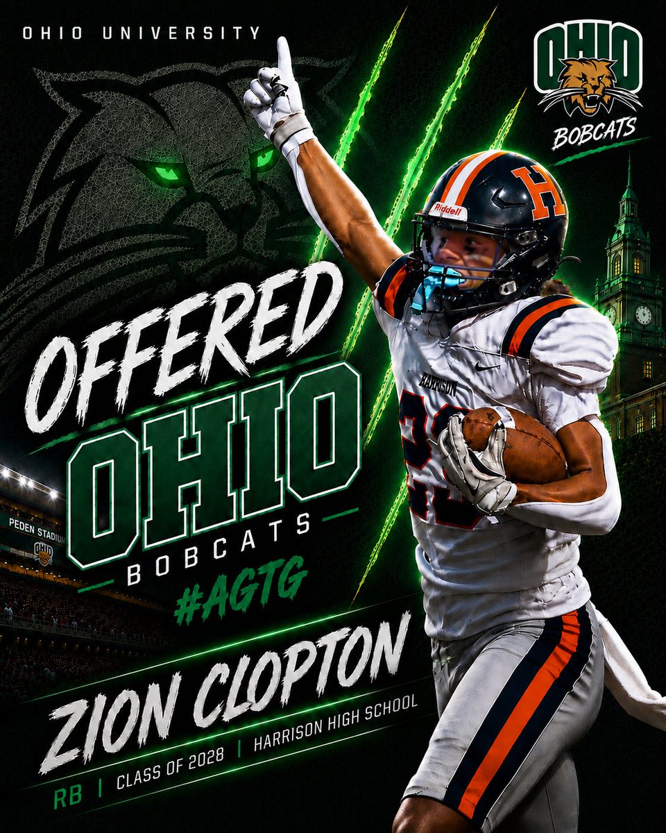 ZionClopton's tweet photo. Blessed to receive a D1 offer from Ohio University! 🟢⚪️
Thank you @CoachConard and @OhioFootball for the opportunity!

Thankful for the coaches who develop and push me daily — @Coach_H_HHS @CoachTTaylorHHS @Coach_Olivetti

All glory to God! 🙏🏾
#AGTG #GoBobcats https://t.co/jPpwkDoSkH