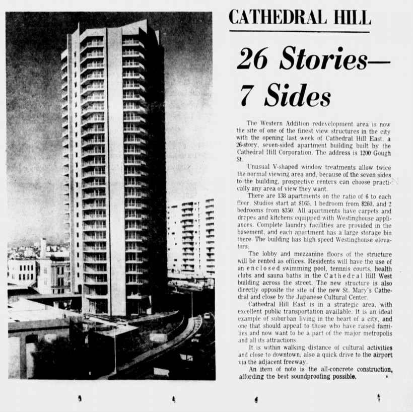ZGeorgopoulos's tweet photo. @carlatcole @Noahpinion Funny thing is, back when the Cathedral Hill Towers (East and West) were built in the '60s, they were advertised by the developer as being a bit of suburbia in the heart of the City.  Presumably because the units all had balconies and dedicated parking spaces. https://t.co/IggCeMftxD