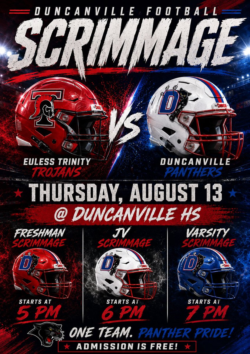 Duncanville_FB's tweet photo. Reminder: 

Duncanville Football Scrimmage is this Thursday, August 13 at Duncanville HS!
Freshman starts at 5:00 PM, JV starts at 6:00 PM, and Varsity starts at 7:00 PM. Admission is free, so come out and support the Panthers!

#PantherPride #DuncanvilleFootball #OneTeamOneGoal https://t.co/TqV6wAndU7