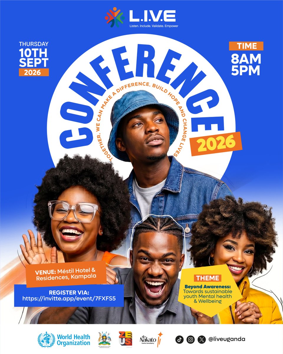 JuliusKizito10's tweet photo. Suicide is the third leading cause of death among young people aged 15 to 29. 

Join us for the L.I.V.E Conference 2026 as we dive into real solutions for #youth mental health and suicide prevention.

📅 Thursday, Sept 10, 2026 | 8 AM – 5 PMEAT
📍 Méstil Hotel -Kampala https://t.co/gbJ0gYl1GB