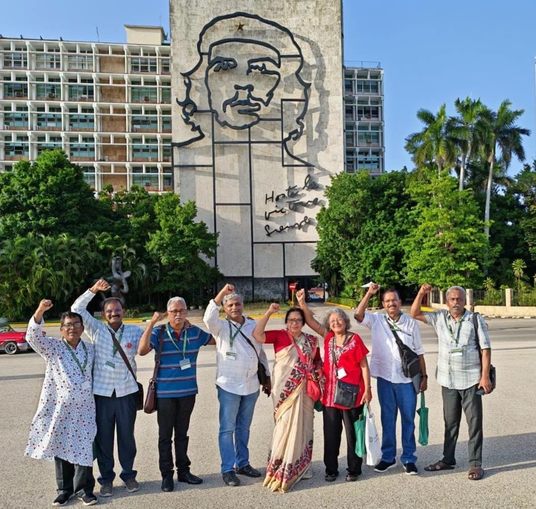 cpimspeak's tweet photo. A CPI(M) delegation led by Polit Bureau member Vijoo Krishnan is participating in the First International Colloquium “Fidel: Legacy and Future” in Havana, being held as part of the birth centenary commemorations of Commander-in-Chief of the Cuban Revolution Fidel Castro Ruz. The Colloquium has brought together more than 1,500 participants, including over 900 international participants from 63 countries, for discussions on Fidel Castro’s revolutionary thought, his internationalist legacy and the continuing relevance of his ideas to contemporary challenges.

The delegation met and interacted with delegates from across the world, including the First Secretary of the Central Committee of the Communist Party of Cuba and President of the Republic, Miguel Díaz-Canel Bermúdez, and visited the historic Revolution Square in Havana, where Fidel Castro used to deliver his legendary, hours-long speeches to gatherings of over a million Cubans.

The delegation has carried medicines for the treatment of cancer, cardiac ailments and other life-threatening diseases, collected by the CPI(M) and CPI in solidarity with the Cuban people, who are facing severe shortages caused by the illegal embargo and blockade enforced by the United States. It will also visit hospitals, worker-peasant cooperatives, social projects, the Fidel Castro Centre, the Che Guevara Centre and other historic sites before returning to India on August 19.