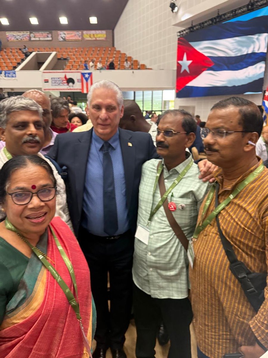 cpimspeak's tweet photo. A CPI(M) delegation led by Polit Bureau member Vijoo Krishnan is participating in the First International Colloquium “Fidel: Legacy and Future” in Havana, being held as part of the birth centenary commemorations of Commander-in-Chief of the Cuban Revolution Fidel Castro Ruz. The Colloquium has brought together more than 1,500 participants, including over 900 international participants from 63 countries, for discussions on Fidel Castro’s revolutionary thought, his internationalist legacy and the continuing relevance of his ideas to contemporary challenges.

The delegation met and interacted with delegates from across the world, including the First Secretary of the Central Committee of the Communist Party of Cuba and President of the Republic, Miguel Díaz-Canel Bermúdez, and visited the historic Revolution Square in Havana, where Fidel Castro used to deliver his legendary, hours-long speeches to gatherings of over a million Cubans.

The delegation has carried medicines for the treatment of cancer, cardiac ailments and other life-threatening diseases, collected by the CPI(M) and CPI in solidarity with the Cuban people, who are facing severe shortages caused by the illegal embargo and blockade enforced by the United States. It will also visit hospitals, worker-peasant cooperatives, social projects, the Fidel Castro Centre, the Che Guevara Centre and other historic sites before returning to India on August 19.