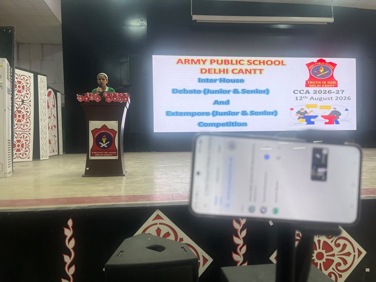 aps_delhicantt's tweet photo. Army Public School conducted the Inter-House Debate & Extempore Competition on 12 August 2026. Students from Junior & Senior categories showcased confidence, clarity, critical thinking & impressive oratory skills. π€π
#APSDelhiCantt #InterHouse #Debate #Extempore @DelhiArea_IA https://t.co/X2WJLTjuJW