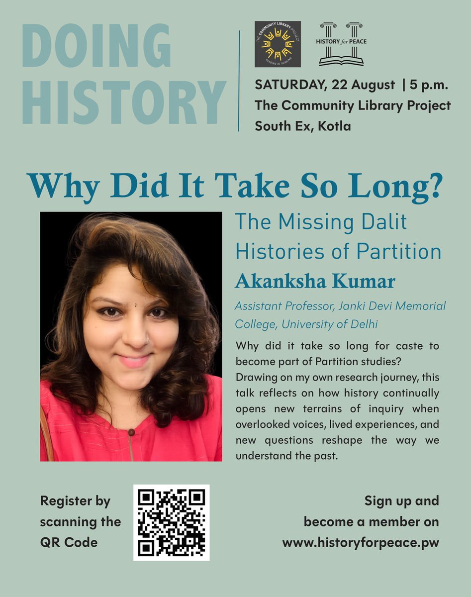 aparnavaidik's tweet photo. The Missing Dalit Histories of Partition by
Dr. Akanksha Kumar (JDMC, DU) on 22 Aug, Sat, 5pm at TCLP, South Ex-I, Delhi. PLEASE REGISTER. https://t.co/xe0ImgiBFu