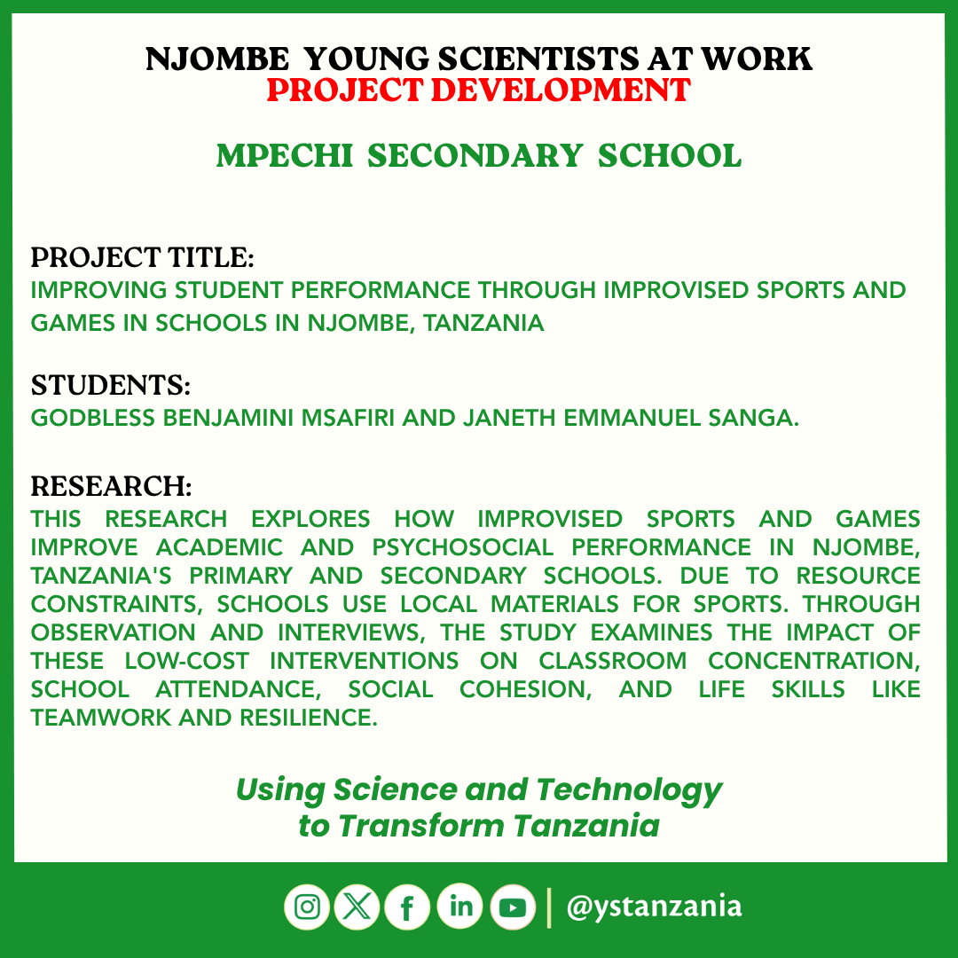 ystanzania's tweet photo. Young innovators Godbless Benjamini Msafiri and Janeth Emmanuel Sanga of Mpechi Secondary School are exploring how improvised sports and games can improve students' academic performance and well-being. #ScienceForDevelopment #STEM #Innovation https://t.co/g0nrSH5T1M