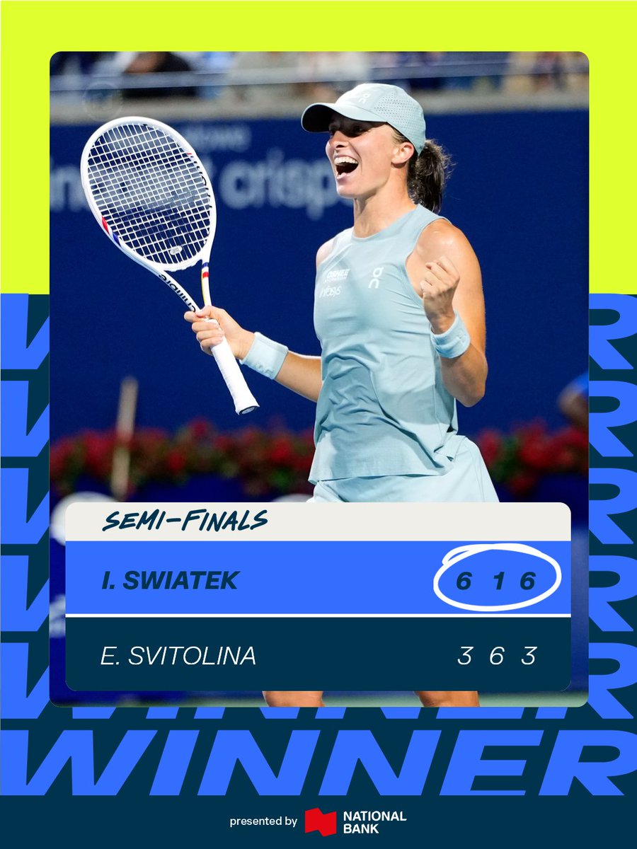 NBOtoronto's tweet photo. IGA IS THE FIRST NBO 2026 FINALIST🔥

She takes down No. 9 seed Elina Svitolina to secure her spot in the NBO 2026 final💪 https://t.co/Cs0A3NtRP5
