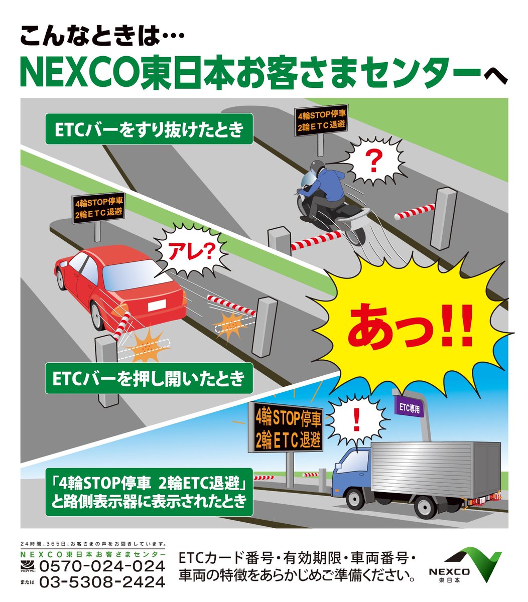 e_nexco_kanto's tweet photo. 【ETCに関するお願い🙏】
料金所において、ETCバーを押し開いてしまったり、ETCバーをすり抜けてしまった場合は、通行料金をお支払い頂けていない場合がございますので、NEXCO東日本お客さまセンターへご連絡下さい。
#ETCマナーアップキャンペーン
https://t.co/2QB0ekgm8I