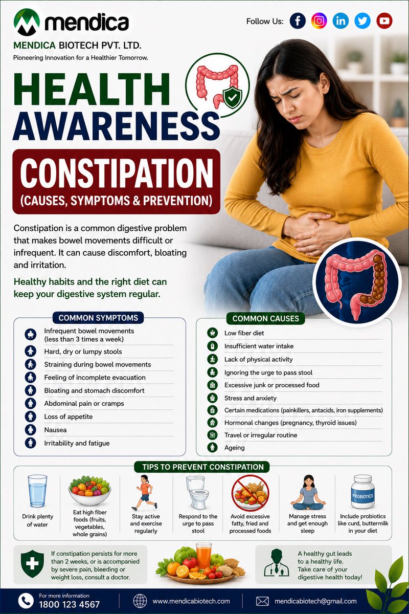 MendicaBiotech's tweet photo. 🌿 HEALTH AWARENESS | Constipation

Constipation can cause discomfort, bloating, and difficulty passing stools. Stay hydrated, eat fiber-rich foods, stay active, and maintain regular bowel habits.

💚 Healthy gut, healthier you!

— Mendica Biotech https://t.co/56jAzs4FCN https://t.co/AnEmOUiZF1