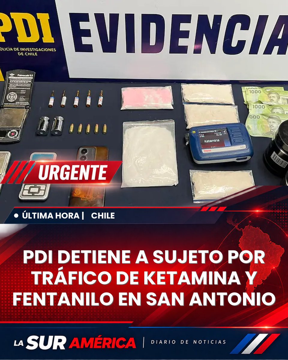 LaSurAmerica's tweet photo. 🔴 ÚLTIMA HORA | La Brigada Antinarcóticos de la PDI detiene en San Antonio a un hombre por tráfico de ketamina y fentanilo, además de municiones calibre 9 milímetros incautadas en el operativo. https://t.co/UylEY4mJ0p