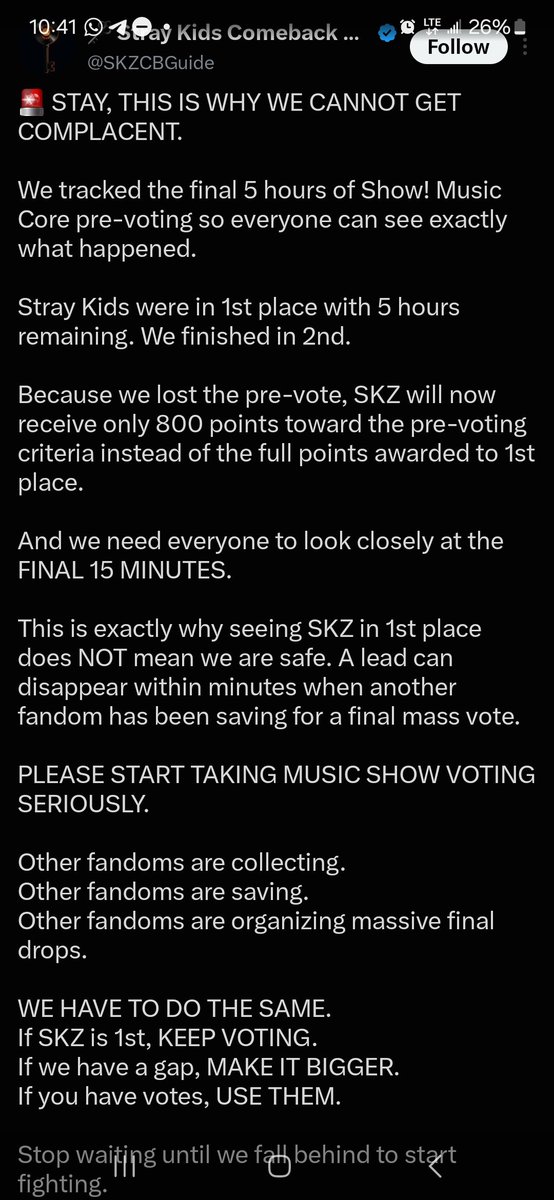 __ESCAPENOW__'s tweet photo. Nobody give up abt mucore cause we re still on the run WE ONLY NEED TO WIN LIVE VOTING WT A BIG ❗️❗️❗️
Skz ll be attending on Saturday so if you all want them to win you all better prepare like you all know Stay can do❗️❗️❗️

Keep collecting causw the fight isn't over ❗️ https://t.co/fTHLI2vrCl