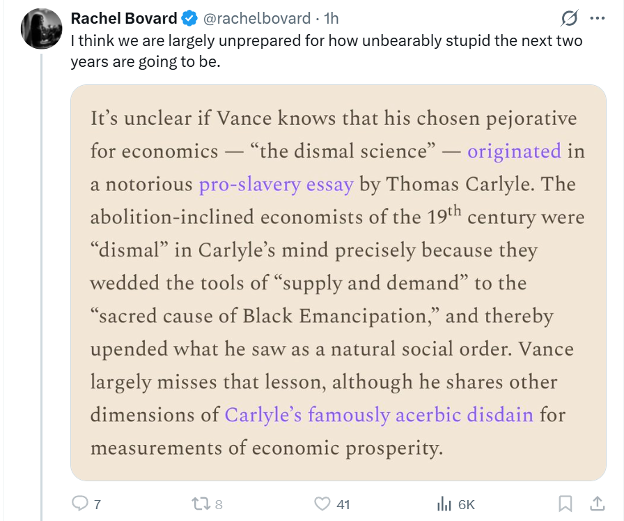 PhilWMagness's tweet photo. Postliberal Dolores Umbridge is mad that I corrected JD Vance for haplessly enlisting the "dismal science" label to falsely accuse economists of neglecting slavery's moral horror.

The label came from a pro-slavery essay in 1849 that attacked economists for supporting abolition. https://t.co/Z11gFKTWzM