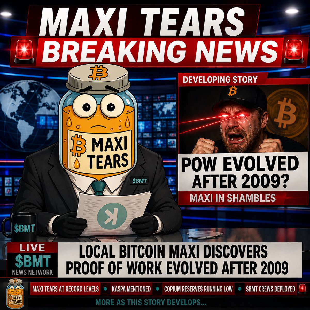 BTC_Maxi_Tears's tweet photo. 🚨 MAXI TEARS BREAKING NEWS 🚨

Local Bitcoin Maxi has just discovered that Proof-of-Work didn’t stop evolving in 2009…

Witnesses report the following words were spoken in close proximity:

“Fast blocks”
“DAG”
“Programmable money”
“Kaspa”

This immediately triggered a full-scale emotional meltdown!

Sources confirm tears are now being harvested for $BMT liquidity pools. 

Developing story… stay tuned for more cope and chaos.