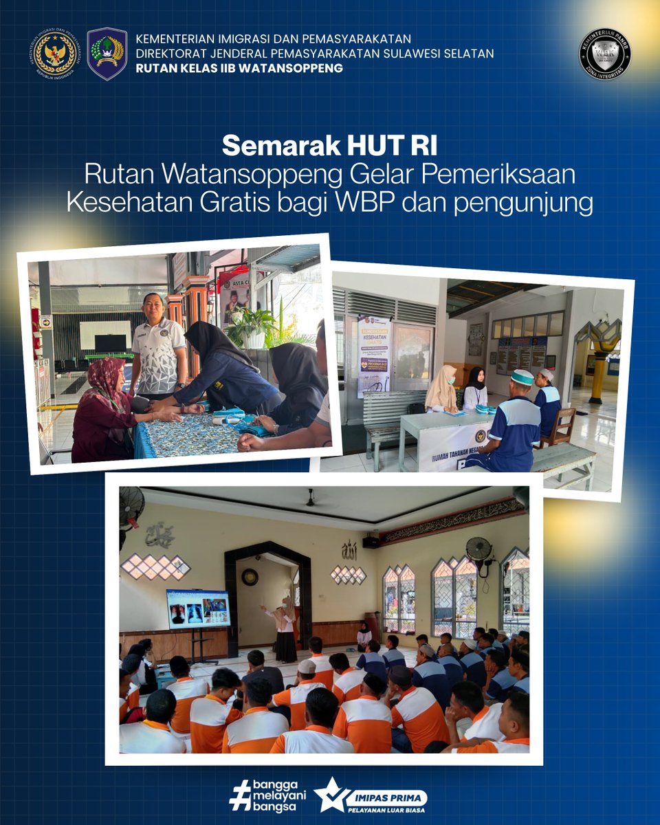 RutanWatansoppe's tweet photo. Semarak HUT RI Rutan Watansoppeng Gelar Pemeriksaan Kesehatan Gratis bagi WBP dan pengunjung. Kegiatan ini diharapkan dapat meningkatkan kesadaran WBP dan keluarga mengenai pentingnya menjaga kesehatan serta melakukan pencegahan terhadap penyakit menular, khususnya TBC. https://t.co/EetJZZ9Ysz