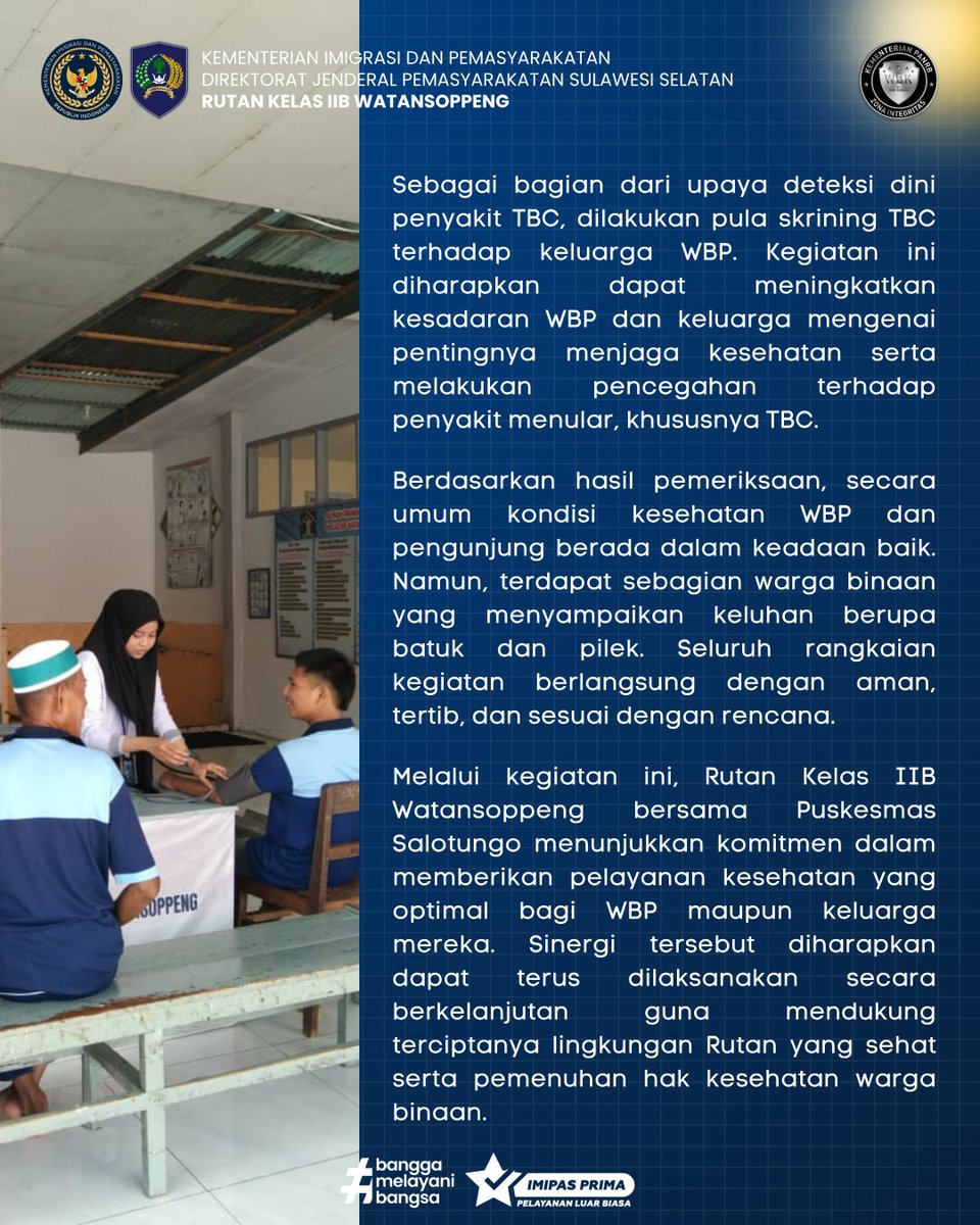 RutanWatansoppe's tweet photo. Semarak HUT RI Rutan Watansoppeng Gelar Pemeriksaan Kesehatan Gratis bagi WBP dan pengunjung. Kegiatan ini diharapkan dapat meningkatkan kesadaran WBP dan keluarga mengenai pentingnya menjaga kesehatan serta melakukan pencegahan terhadap penyakit menular, khususnya TBC. https://t.co/EetJZZ9Ysz