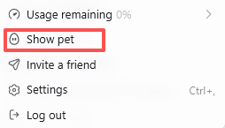 JasonQQiu's tweet photo. @thsottiaux I need an option to hide "Show pet". I keep accidentally clicking it when I try to check my usage remaining. https://t.co/KrDhRXDY5a