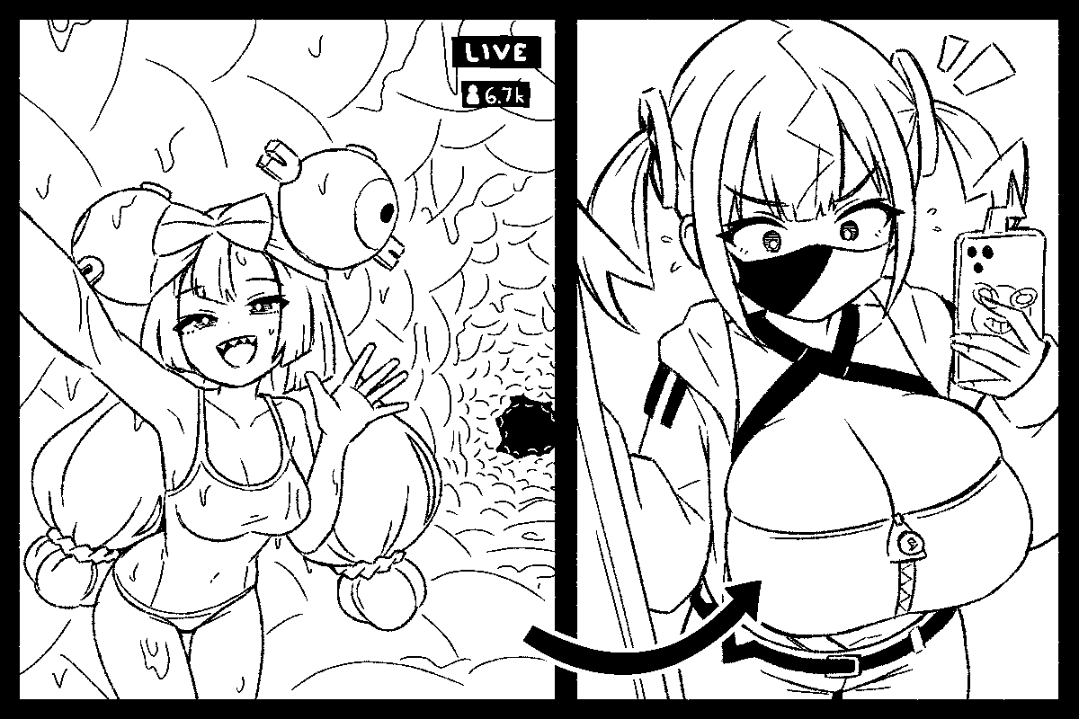 inksGirls's tweet photo. (supporter request)
"A shrunken Iono streaming live from inside Canari's nipple as she's climbing in to give her viewers a tour of her rival's milk ducts.
Meanwhile Canari just flipped over to Iono's stream and saw this and is shocked to realize that Iono is in her boob." https://t.co/g5Kj0NkVr1