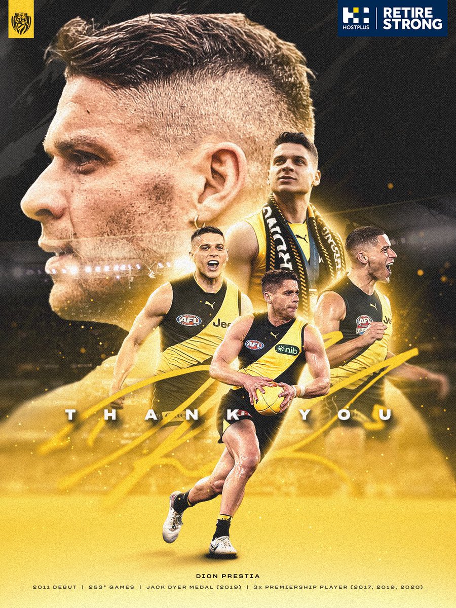 Richmond_FC's tweet photo. Forever a Richmond champion 💛🖤

Dion Prestia has called time on his tremendous AFL career, with his final game to be Saturday’s MCG clash against St Kilda 👏 https://t.co/EP93PnHGgT