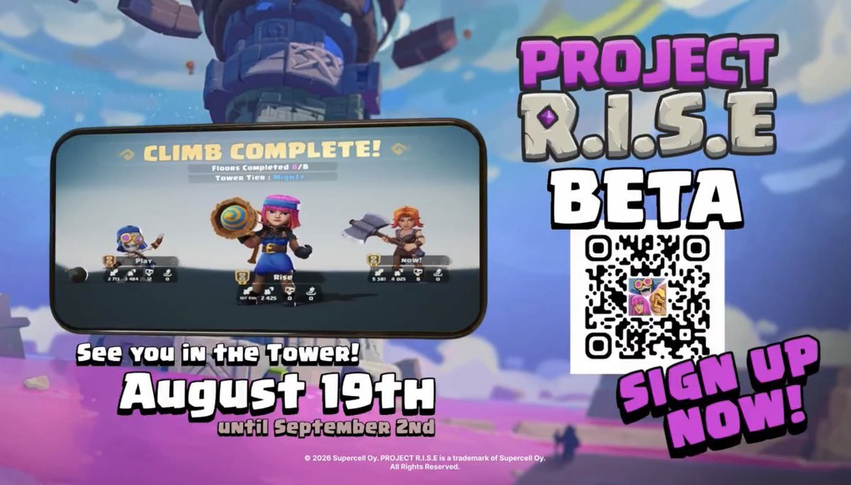 apkpure's tweet photo. 🎮🔥Sign‑ups are officially open for the Project R.I.S.E Beta Test. Supercell invites you to get early hands‑on access to it!

Sign up now:
🔗https://t.co/gKXTKKmRhO
Join on Discord: 
🔗https://t.co/5JjVLeyCsP

#Supercell #projectrise #projectrisebeta #clashuniverse https://t.co/wS54dMgzWO