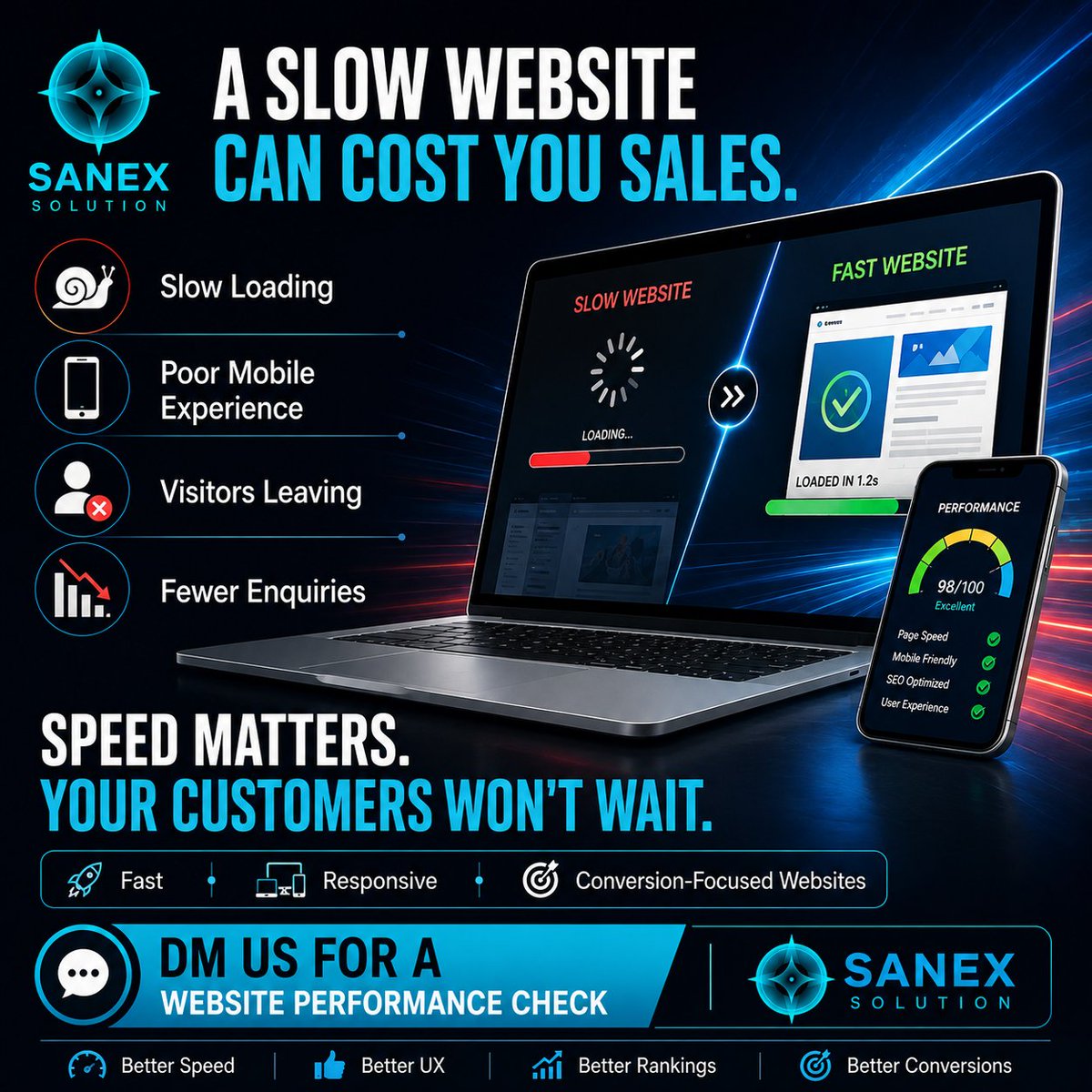 sanexsolution's tweet photo. A SLOW WEBSITE CAN COST YOU SALES.

If your website takes too long to load, potential customers may leave before they even see your offer.

Fast website = Better experience + More opportunities.

📩 DM us for website development.

#WebDevelopment #WebsiteSpeed #SanexSolution https://t.co/HTsTzkojk6