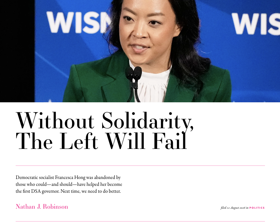 NathanJRobinson's tweet photo. Wrote about how Hong was abandoned by important figures in the socialist movement right as she was poised to make history, and why in future we should help our fellow socialists rather than deeming them Unelectable and purposely tanking their candidacies:
https://t.co/KiEdBDxDkW https://t.co/CbCNgQIDsK