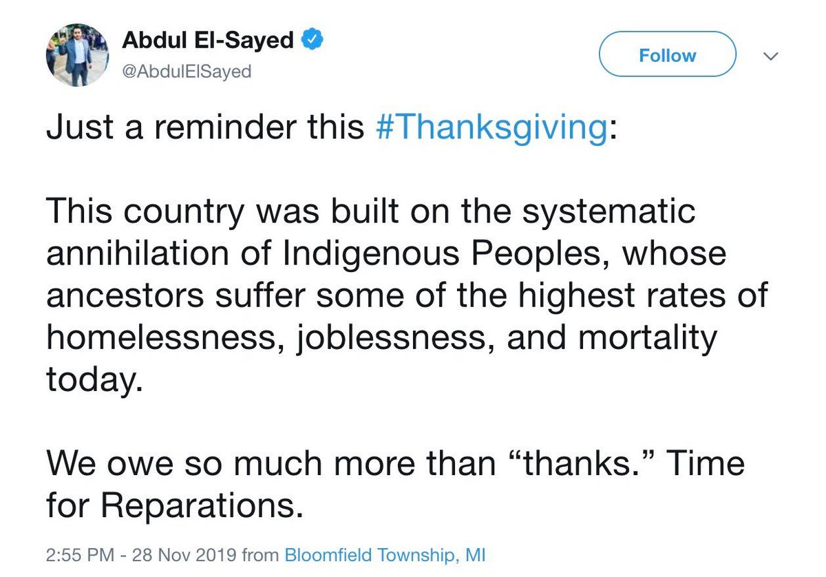 MIGOP's tweet photo. 🚨 WAR ON THANKSGIVING: Abdulrahman Mohamed El-Sayed—like failed Wisconsin DSA candidate Fracesca Hong—has a problem with Thanksgiving.

It appears that @AbdulElSayed wants to replace Thanksgiving with reparations for Indigenous Peoples.

HONG 🤝 EL-SAYED https://t.co/9qmbcwrTmX
