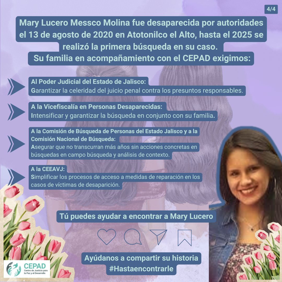 CEPAD_AC's tweet photo. 💛 El 13 de agosto de 2020, Mary Lucero Messco Molina fue desaparecida en Atotonilco el Alto. Hoy, seis años después, su familia continúa buscándola y exigiendo respuestas.

🕊️ Seis años de ausencia no pueden convertirse en seis años de espera. La búsqueda debe continuar con acciones concretas, diligentes y coordinadas.

🤝🏽 Su familia en conjunto con el CEPAD exigimos a las autoridades responsables avanzar en la búsqueda, garantizar el acceso a la justicia y evitar que transcurra un año más sin respuestas.

Ayúdanos a compartir su historia.
#Hastaencontrarle