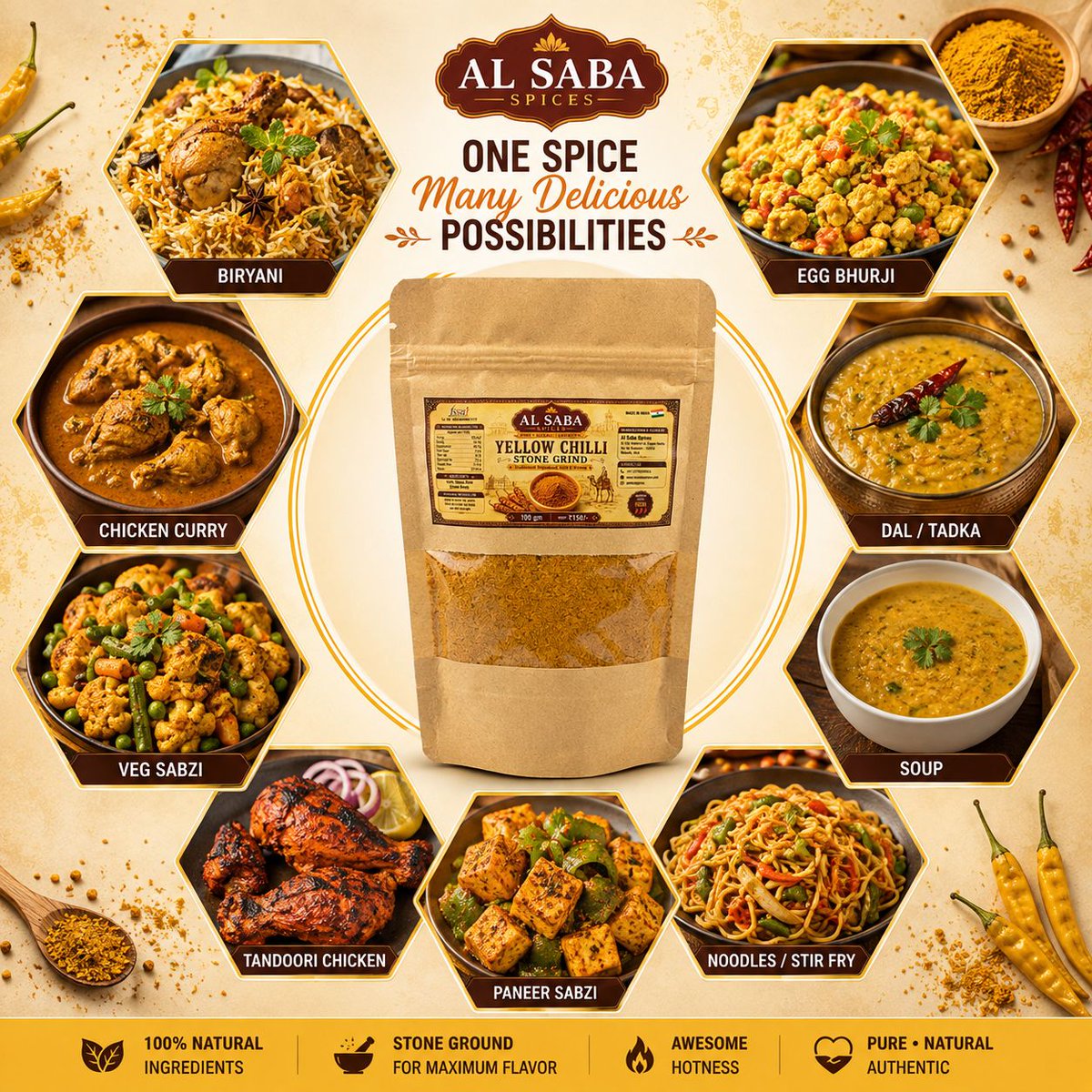 alsabaspices's tweet photo. Ways to use Al Saba yellow chilli powder:
https://t.co/LgTNduIYsv 

- Chicken, fish, or vegetable curry (add to masala for color and warmth)  
- Tandoori chicken marinade (yogurt + spice)  
- BBQ rub for steaks and ribs  
- Kebabs / kofta mix https://t.co/dPFSJgiRfQ