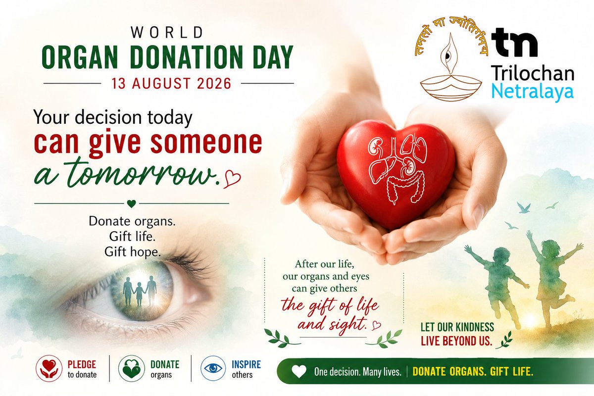 trilochaneye's tweet photo. Today on 13 August 2026, #WorldOrganDonationDay, let us turn compassion into a gift that can outlive us!
Through its commitment to #eyecare and the gift of sight, #TrilochanNetralaya, under the aegis of #VisionIndiaFoundation, believes that true service is about giving hope, dignity and a brighter tomorrow.
After our #life, our #eyes can become someone elseβs window to the world. The joy of eye donation is the joy of giving the gift of sight - even when we are no longer here.
Donate organs. Gift life. Donate eyes. Gift sight. Let your kindness live beyond you.