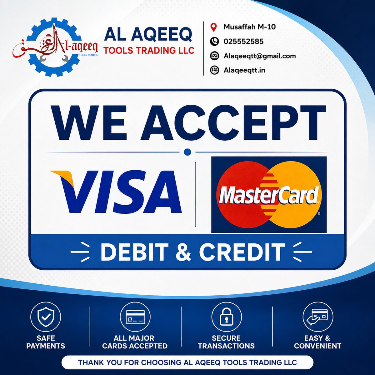 alaqeeq_tools's tweet photo. NOW ACCEPTING DEBIT & CREDIT CARDS!
📍 Musaffah M-10
📞 02 5552585
📧 Alaqeeqtt@gmail.com
#AlAqeeqTools #Musaffah #AbuDhabi #UAE #ToolsTrading #IndustrialTools #CuttingTools #MachiningTools #HandTools #Visa #MasterCard #DebitCard #CreditCard #CardPayments #SecurePayments https://t.co/QvDUQbjJEv