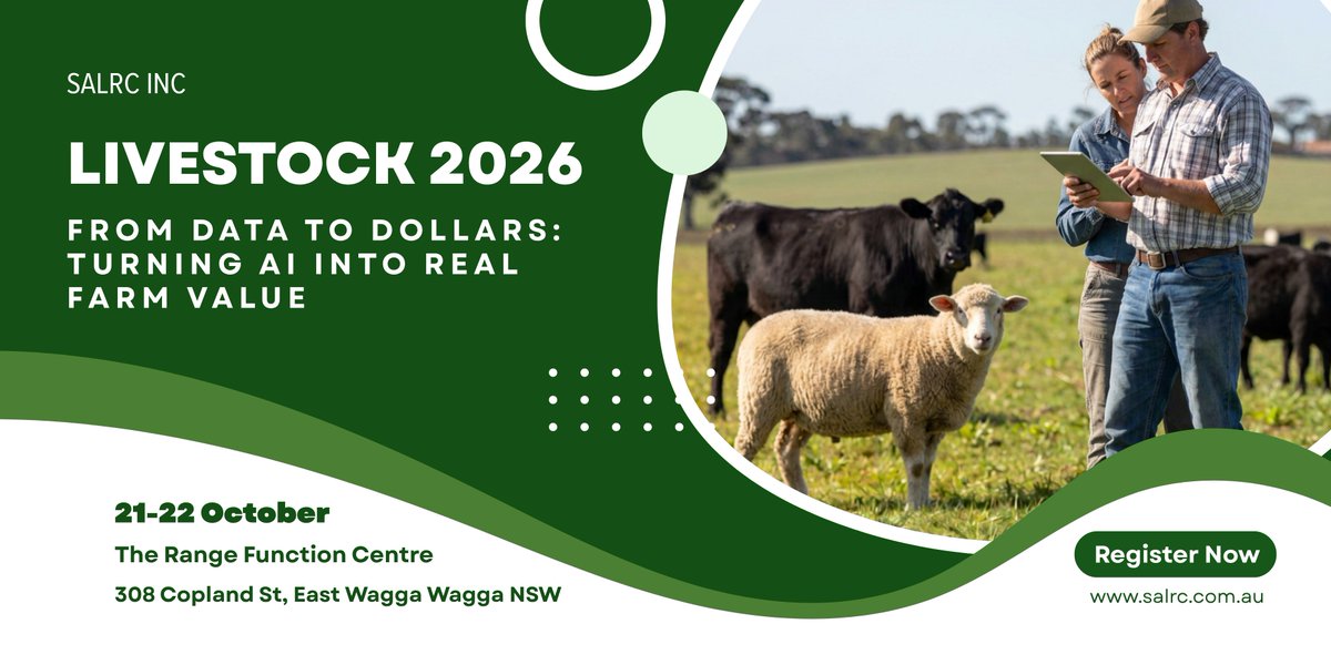 SalrcInc's tweet photo. Registrations are now OPEN for Livestock 2026!

Join us on 21-22 October 2026 in Wagga Wagga, NSW, for SALRC's 2026 livestock conference, "From Data to Dollars: Turning AI into Real Farm Value."

Register now: https://t.co/w5k4hsQfr4 https://t.co/GGtdRXuZ46