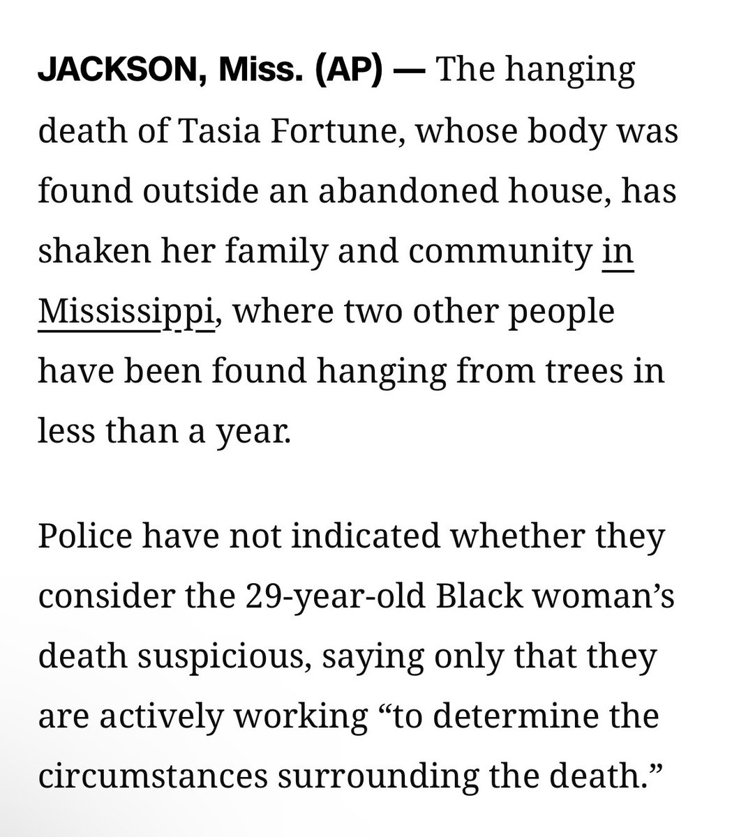EndWokeness's tweet photo. CNN is making it seem like black people in Mississippi got lynched

Reality:

1. Cory Zukatis - white homeless man
Cause of death: suicide by hanging

2. Demartravion Reed - black student
Cause of the death: suicide by hanging

3. Tasia Fortune - black woman
Cause of death: under investigation 
Her black boyfriend was just arrested