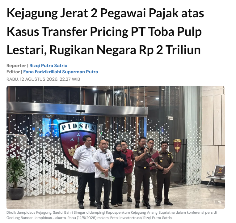 AkuntanMilenial's tweet photo. PAJAK NEWS🚨

Kejagung Jerat 2 Pegawai Pajak Kasus Transfer Pricing PT Toba Pulp Lestari

ini ubah hscode ga sih mint? @sipalinglogstic