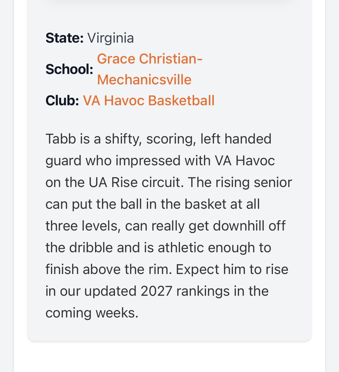 VAHavoc's tweet photo. Check out this nice write-up on Grace Christian School c/o 2027 @CTabb13 our @risecircuit 17U team! He is one of the top combo guards in 2027! He is a walking ๐ชฃ! Coaches now is the time to buy stock in him ๐! #ChristianTabb #ProtectThisHouse https://t.co/vOoa2BMQpe