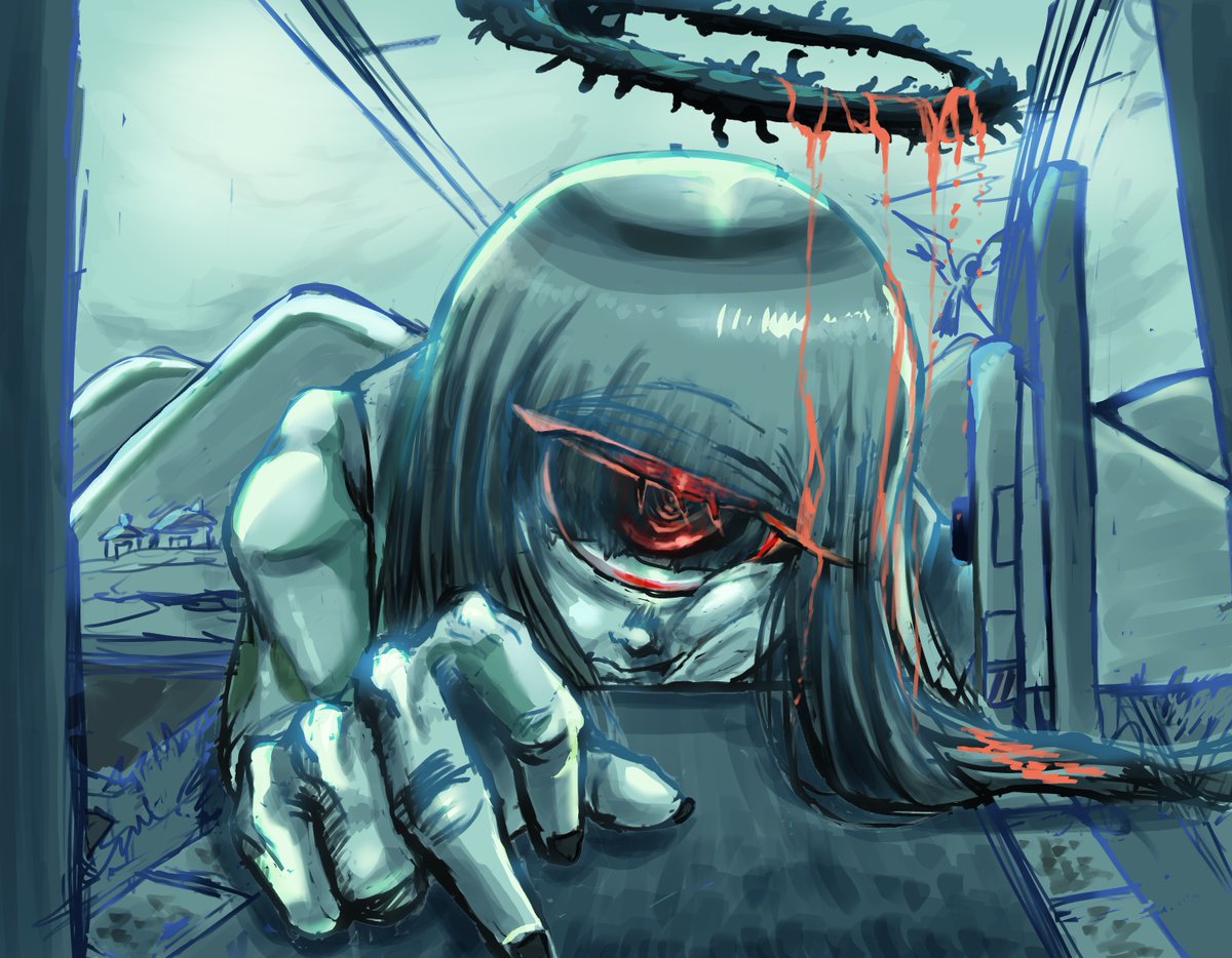 sirousagi1319's tweet photo. 今日は進捗イラスト『単眼の天女』を、カラーラフまで描き進めました。

天使の輪っかに見えるのは、本当は自身の肉体の一部で���金を使うことで自傷行為をしている為です。 https://t.co/xHlWgVGkRi