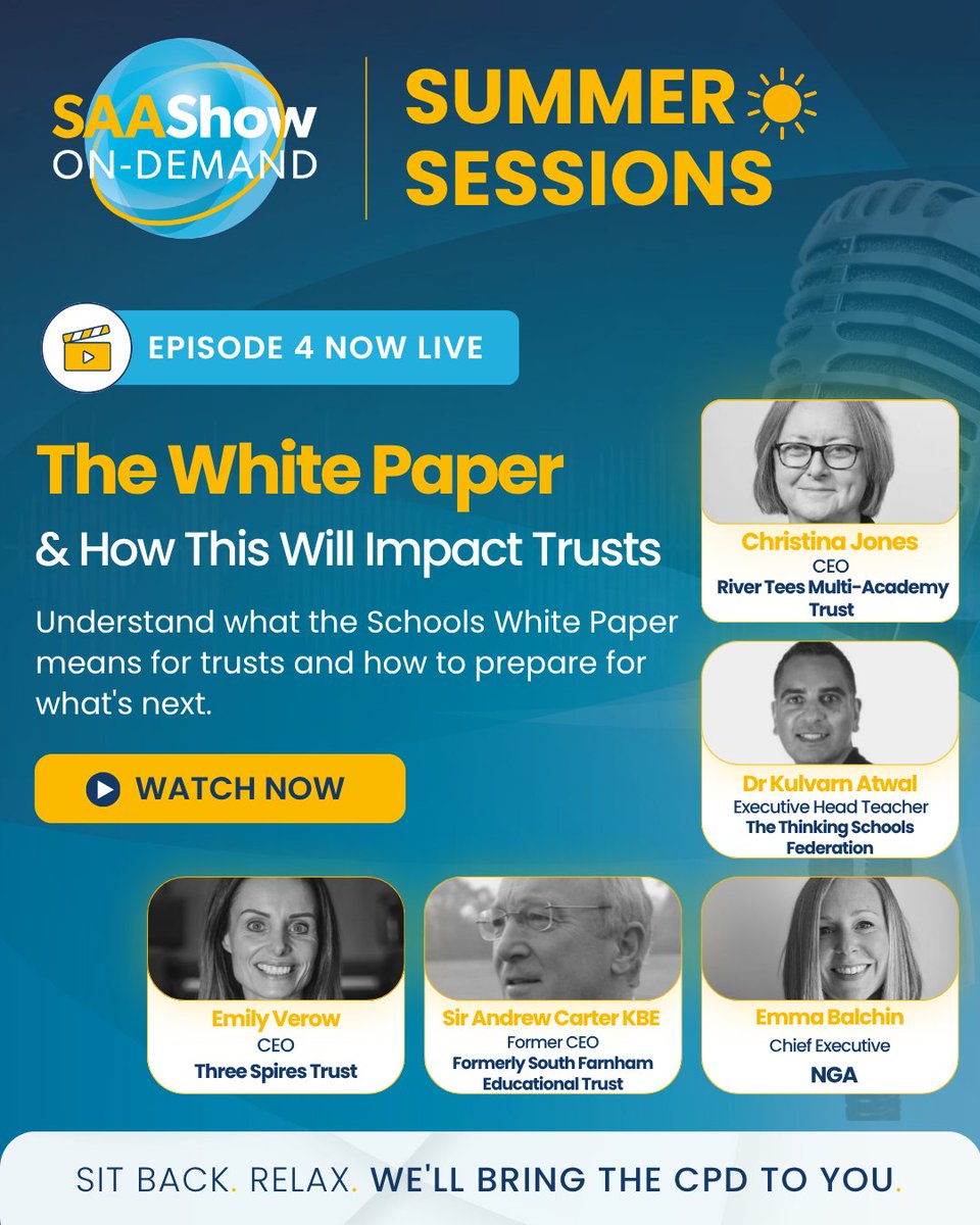 SAA_Show's tweet photo. 📢 SAAS Summer Sessions | Episode 4 is live!
What does the Schools White Paper mean for trusts?
Trust leaders discuss policy, strategy and the future of trusts.
🎧 Listen now: https://t.co/vI60B0OazB
#Education #SchoolLeadership #MAT #EdPolicy https://t.co/8OFUOcvHUm
