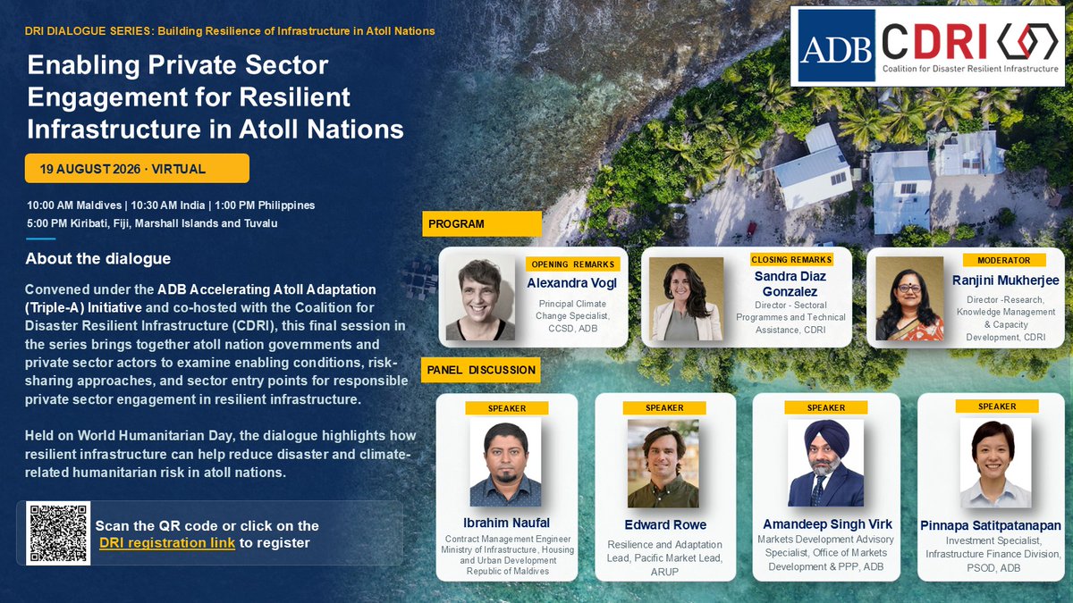 cdri_world's tweet photo. The joint @cdri_world-@ADB_HQ Dialogue Series, informed by the #IRIS and #TripleA initiatives, is advancing solutions to critical infrastructure challenges across the Indo-Pacific #atoll nations.

The upcoming #DRIDialogue will focus on enabling responsible private sector engagement in #resilientinfrastructure development.

📍 August 19 at 10:30 AM IST

🔗 https://t.co/9g37d6lGSN