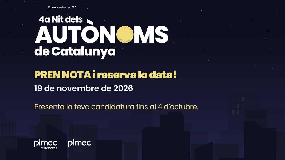 PimecAutonoms's tweet photo. El 19 de novembre celebrarem la 4a nit dels Autònoms de Catalunya, un acte on posarem el focus en els valors i aportacions que caracteritzen el col·lectiu de professionals autònoms.

📆 Presenta la teva candidatura fins al 4 d'octubre!

https://t.co/1JhPv2RMBc

#NitDelsAutònoms https://t.co/UGy2YE1te0