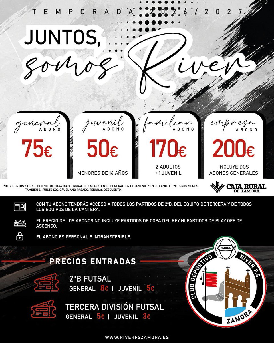 RiverZamoraFS's tweet photo. 🖤JUNTOS, SOMOS RIVER 🤍

Ya hemos puesto en marcha la nueva campaña de socios para la temporada 2026/27, bajo un lema que representa más que nunca la esencia del club. 

Una campaña que pone en el centro a jugadores, afición y a toda la familia del  River Zamora.

 🖤🤍 https://t.co/M3qFKYYmdq