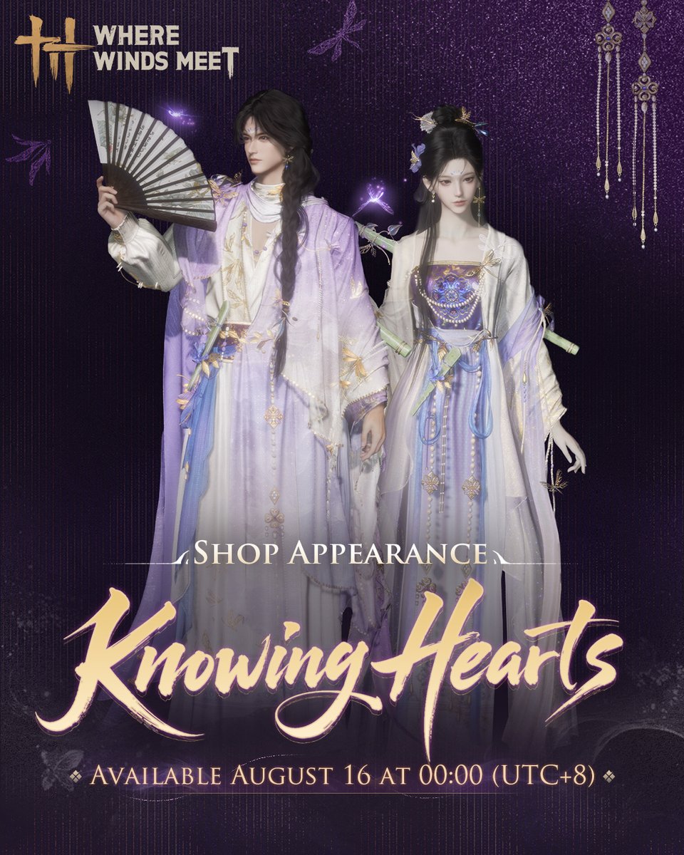 WhereWindsMeet_'s tweet photo. The following Appearances arrive on August 16 at 0:00 (UTC+8)!

⭐New Appearance: Knowing Hearts
A vow to never fail one's beloved, cherishing every fleeting moment together.

⭐New Hairstyle: Magpie Bridge
Tender as water, sweet as a dream. If true love lasts forever, what need for daily togetherness?
#WhereWindsMeet
