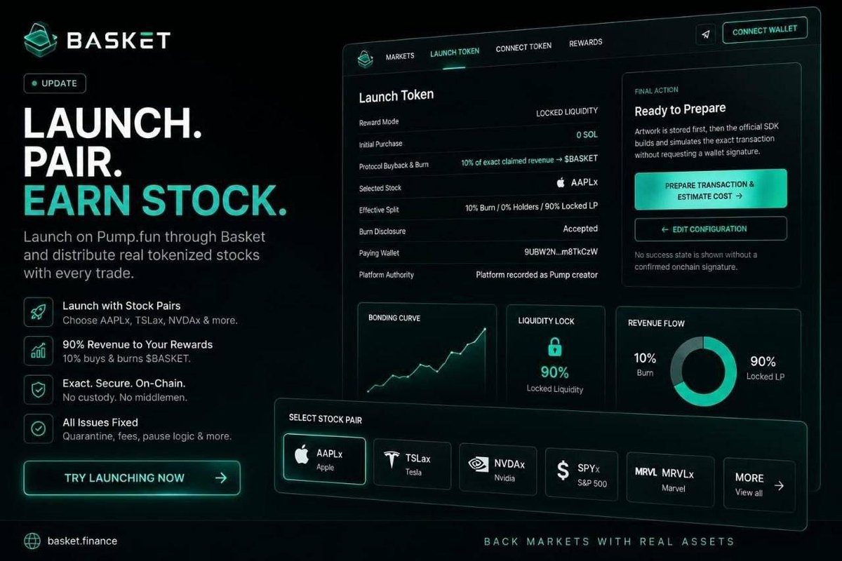 solana_daily's tweet photo. Basket gives creators more ways to build with existing Solana tokens.

With @launchonbasket, users can integrate @pumpfun, @Raydium, or any Solana CA into $BASKET-powered reward and LP setups.

Modes:
• Holder Rewards
• Stock or meme-backed LP
• Hybrid Mode

CA:
4VnaCje2AUzyWUKJDtwmpFjzewE4bx2B6Ha4HgS4pump

Dapp: https://t.co/4BiGMOHMS3
Portal: https://t.co/jqSCH513tJ